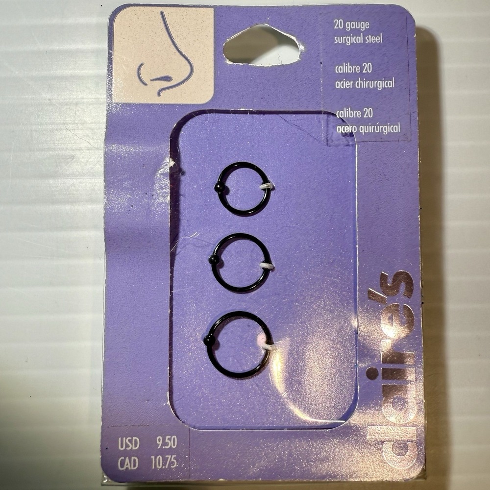 3 PACK - Claire's Nose Rings 20 Gauge Surgical Steel Black Rings Balls New